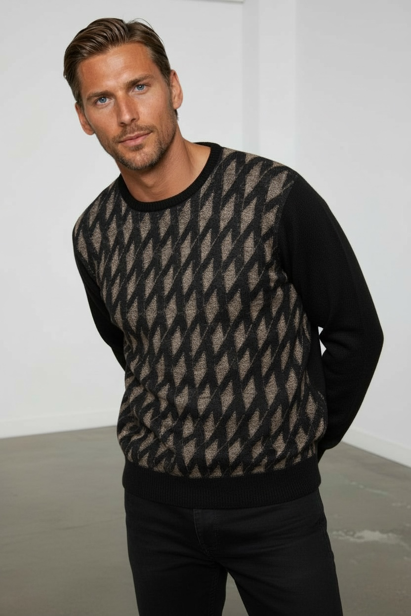 Pure Wool Ansett Patterned Crew Neck Jumper 8112 Black