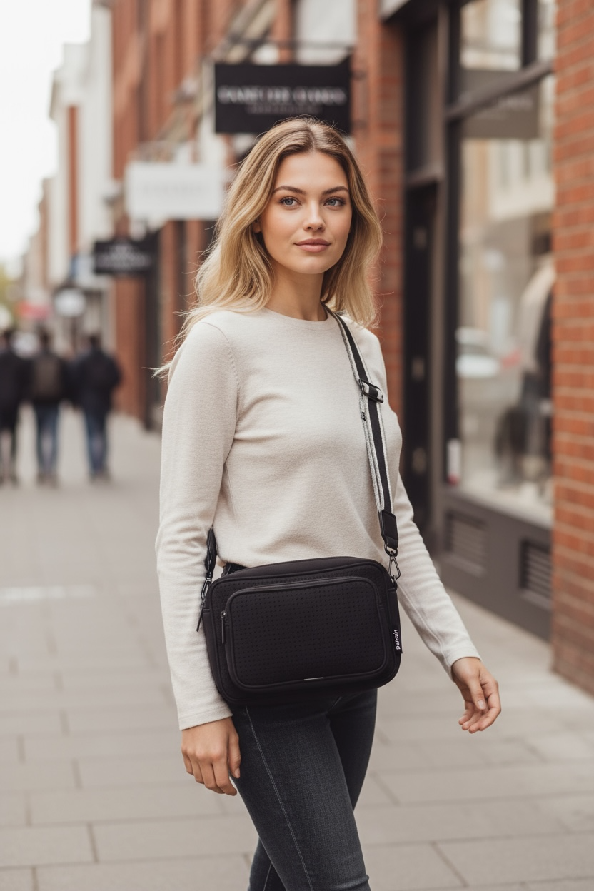 Neoprene Metro Rectangle Shoulder Bag With Front Pocket - Black