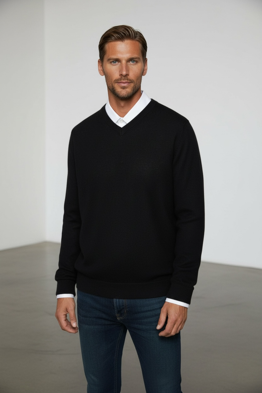 Black Cashmere Merino Wool V Neck Jumper
