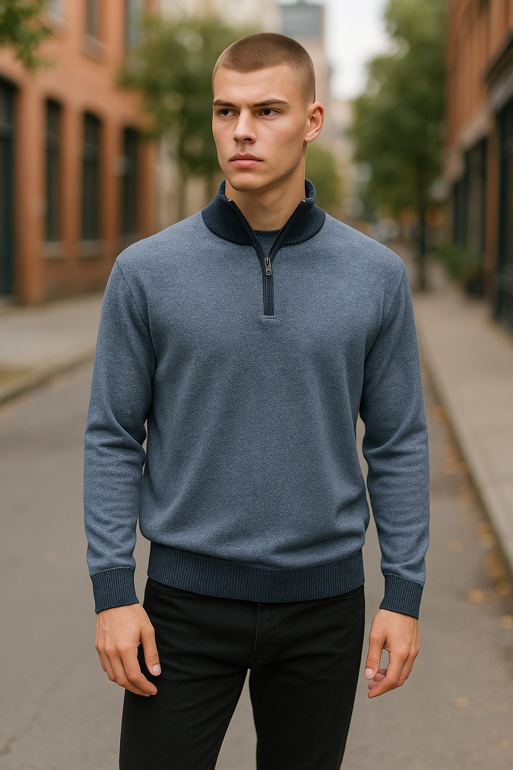Ansett Indigo Two Tone Half Zip Cashmere Merino Wool Jumper