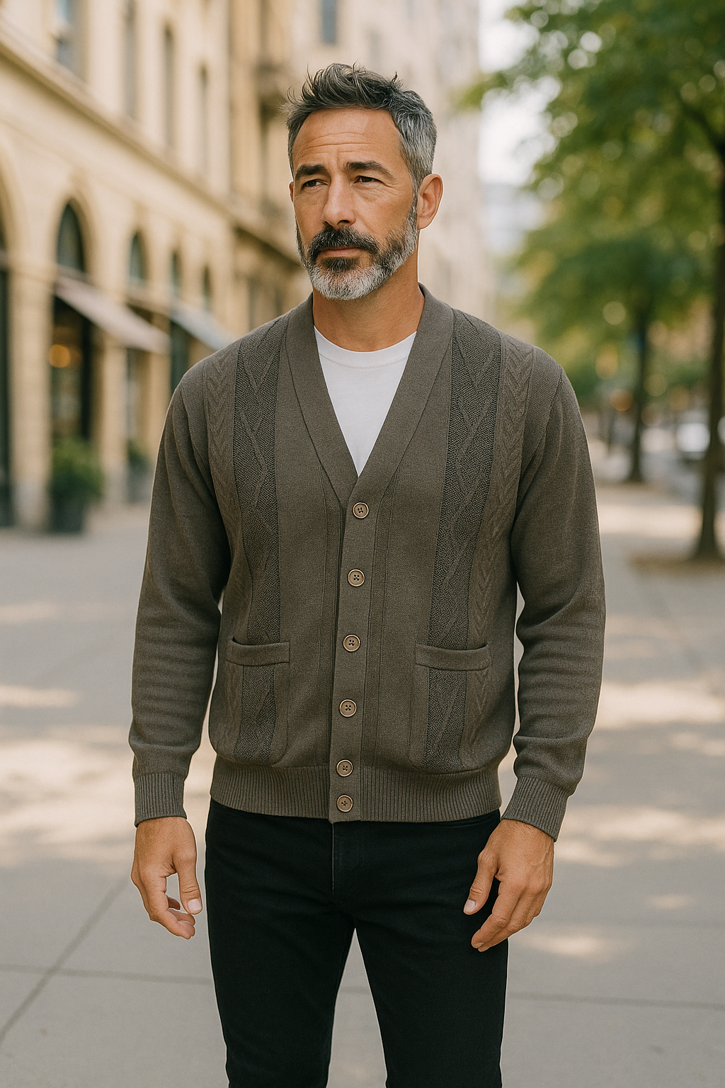 Coffee Brown Pattern V Neck Cardigan - Tradewinds By Ansett