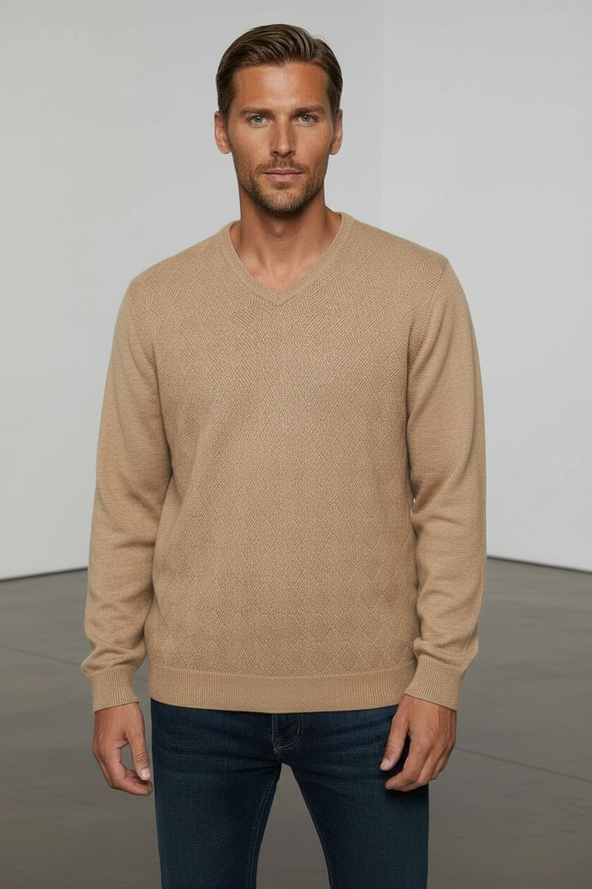 Merino Wool Ansett Argyle V Neck Jumper - 8123 Camel