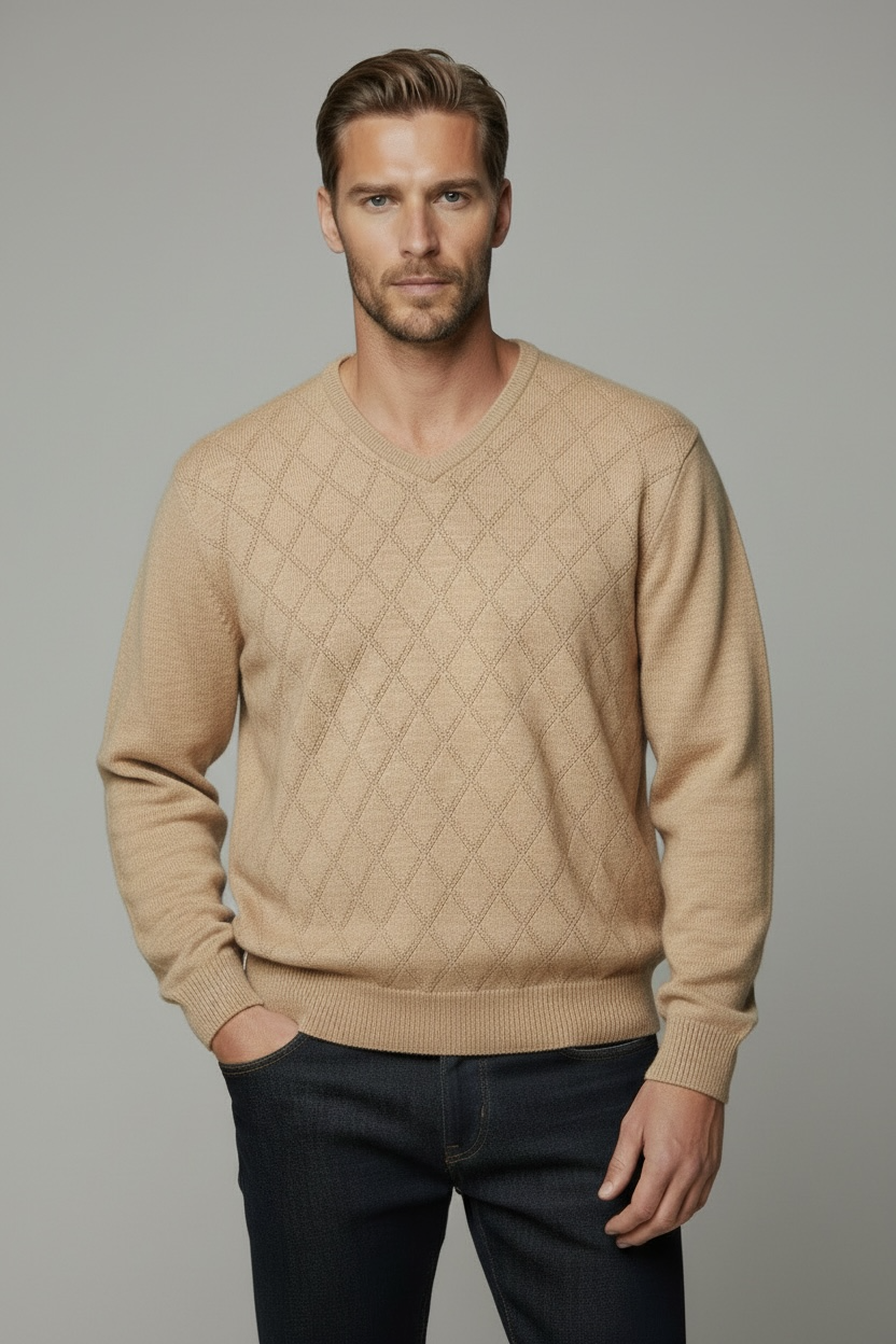 Merino Wool Ansett Argyle V Neck Jumper - 8823 Camel