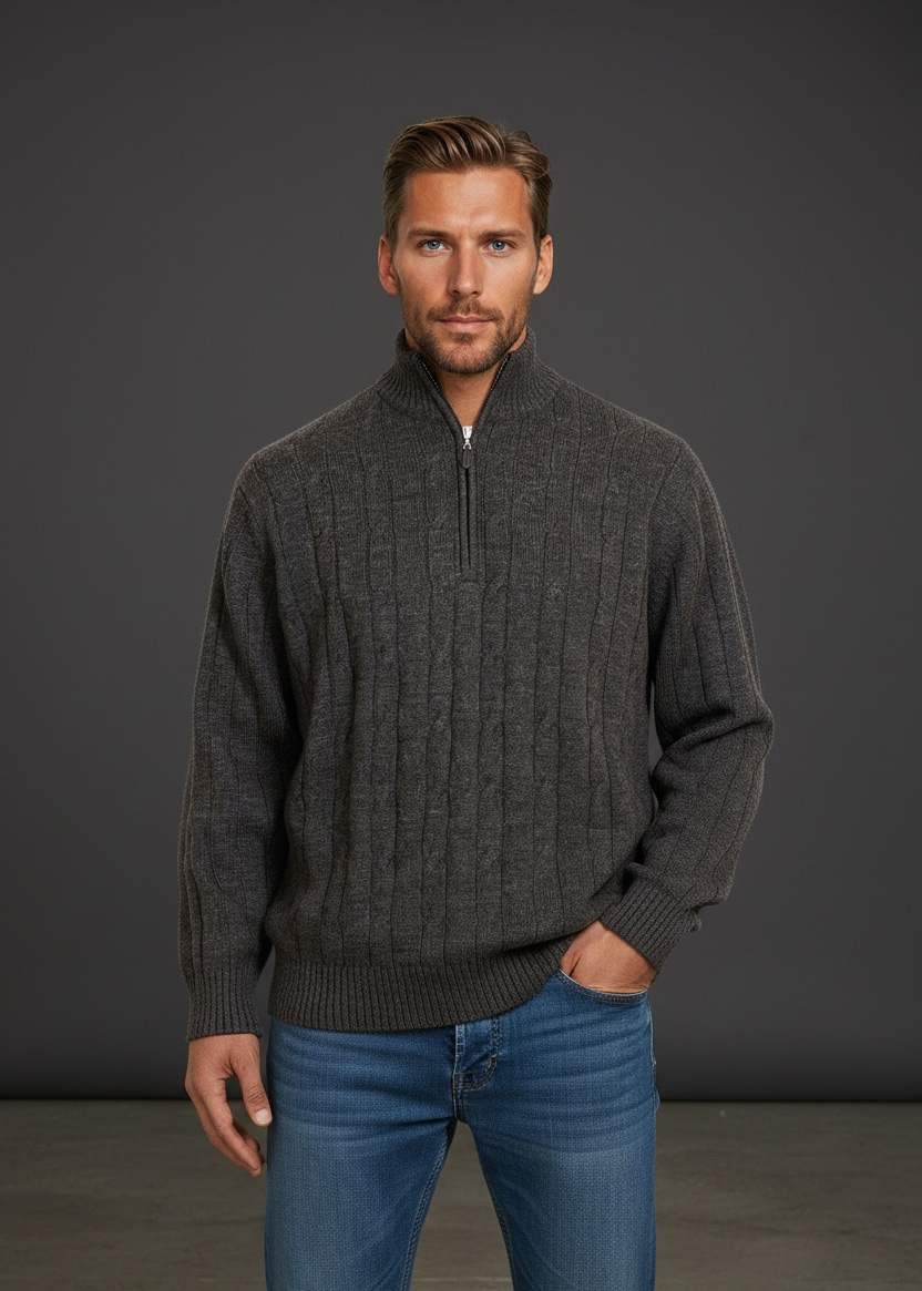 Ansett Charcoal Grey Half Zip Cable Wool Jumper