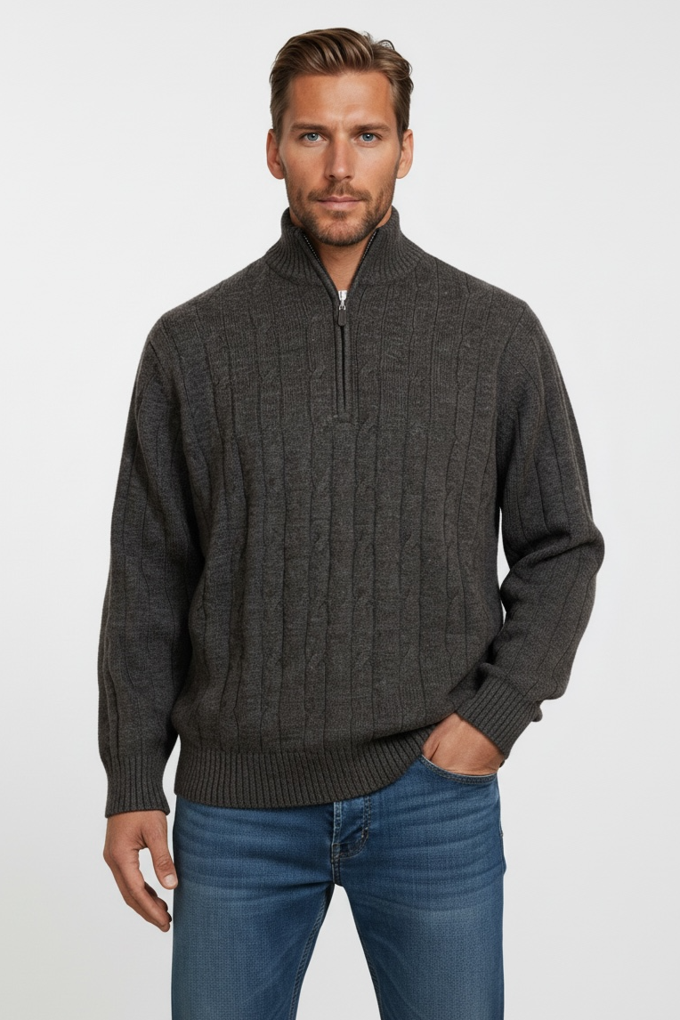 Ansett Charcoal Grey Half Zip Cable Wool Jumper