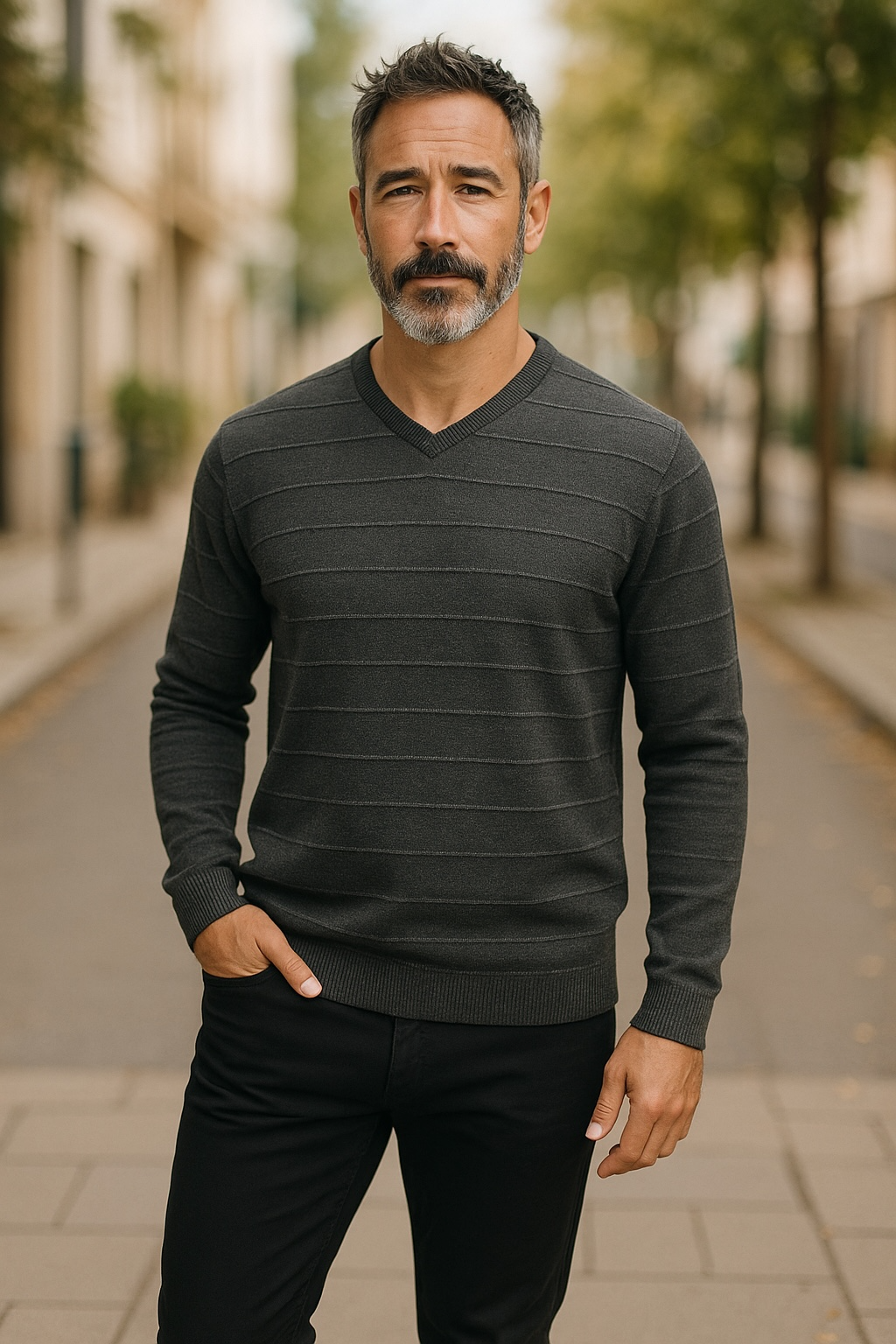 Pure Wool Ansett Patterned V Neck Jumper 8053 Charcoal Grey