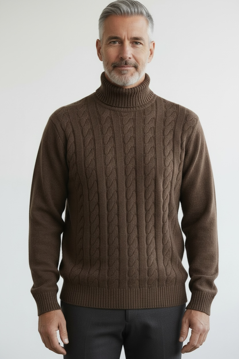 Ansett Coffee Brown Roll Neck Skivvy Cable Knit Wool Jumper