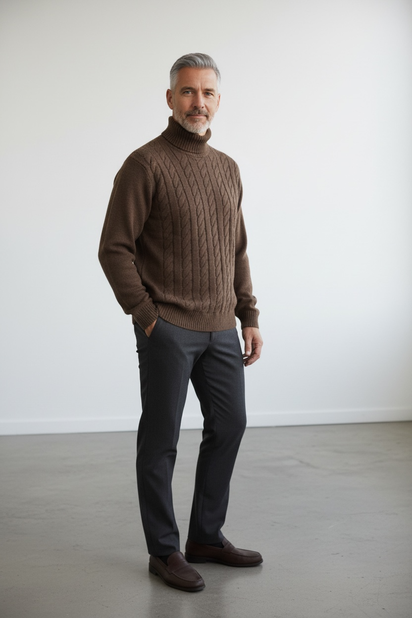 Ansett Coffee Brown Roll Neck Skivvy Cable Knit Wool Jumper