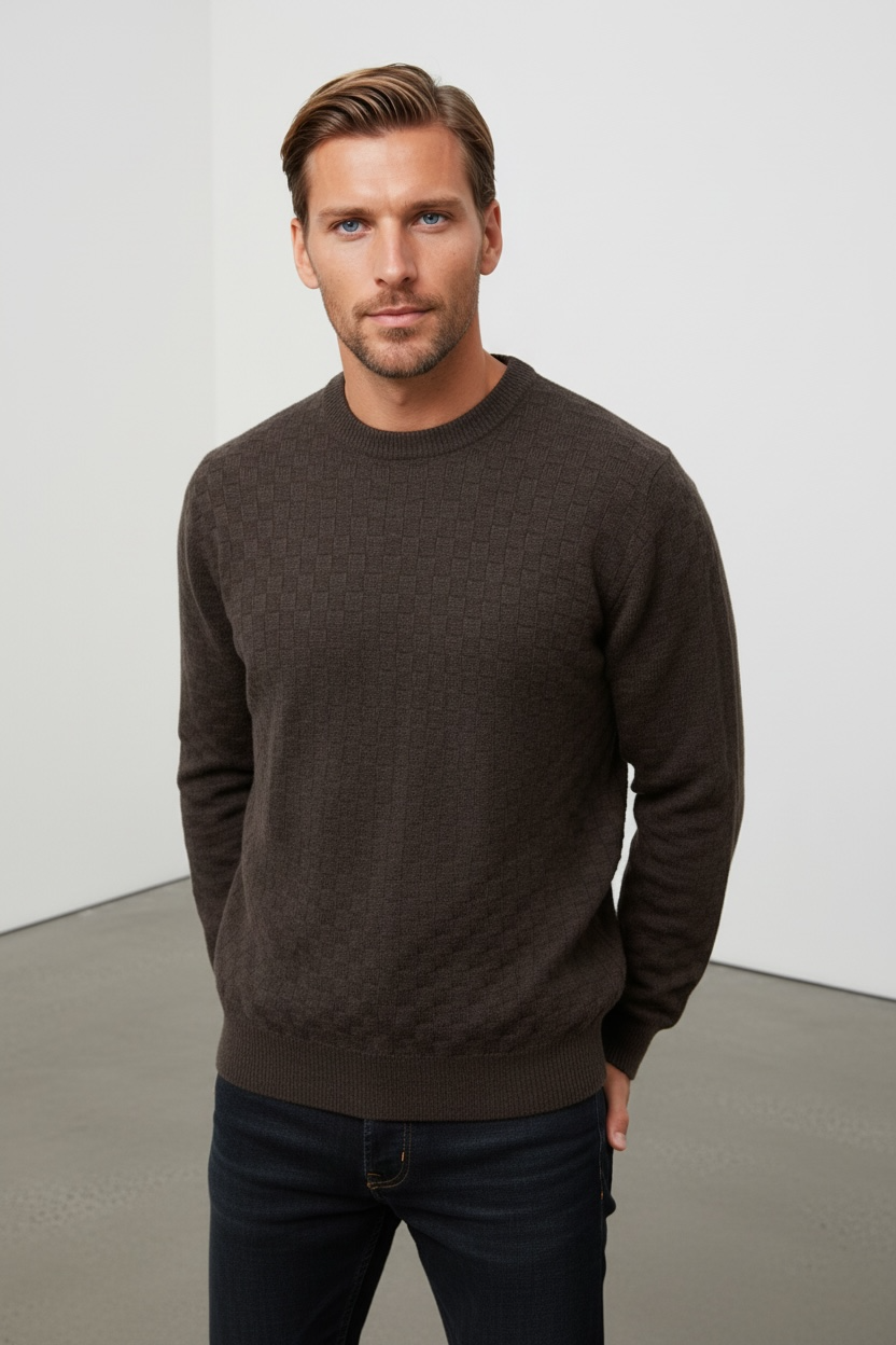 Pure Wool Ansett Self Patterned Crew Neck Jumper Coffee Brown