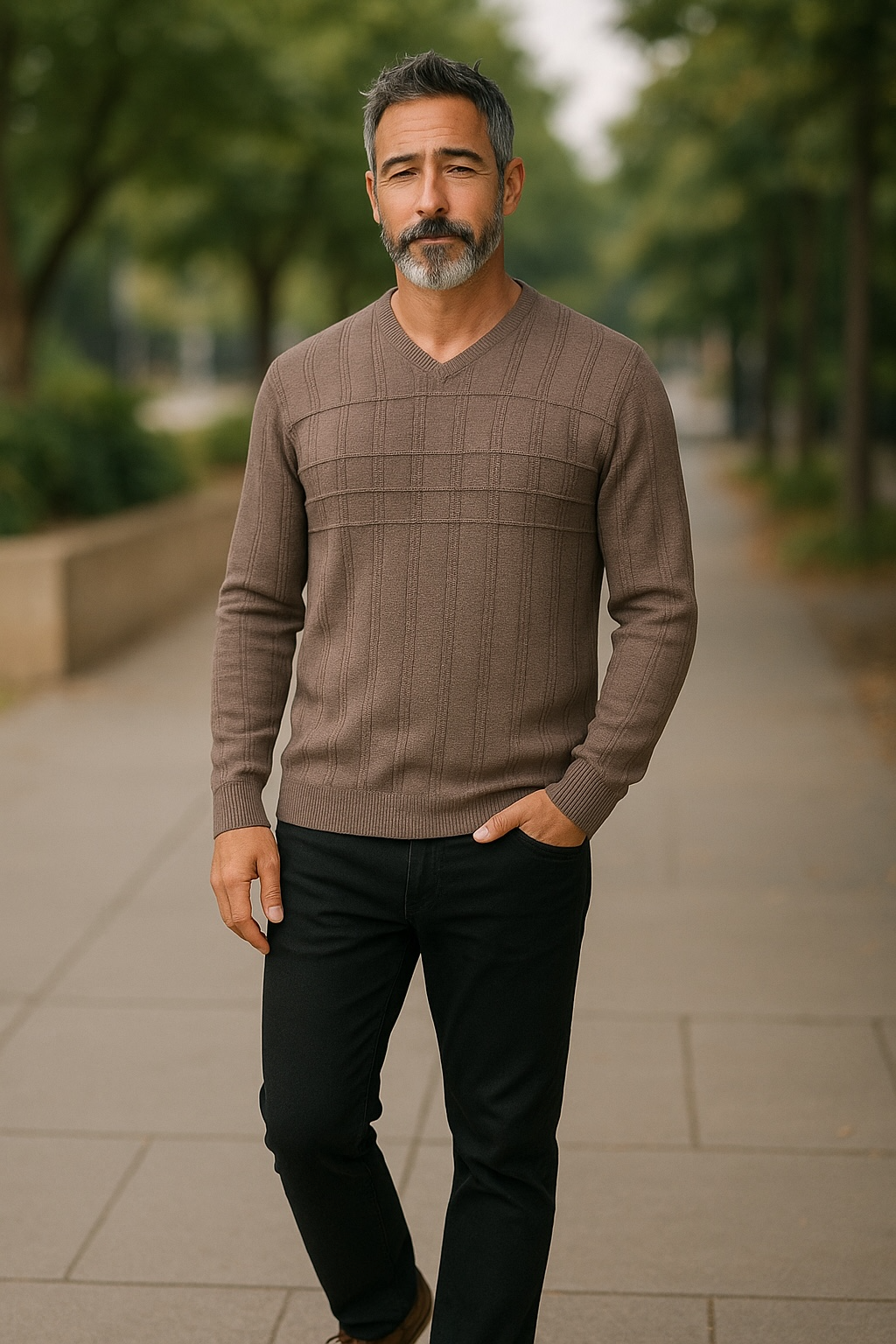 Pure Wool Ansett Patterned V Neck Jumper 8043 Date Brown