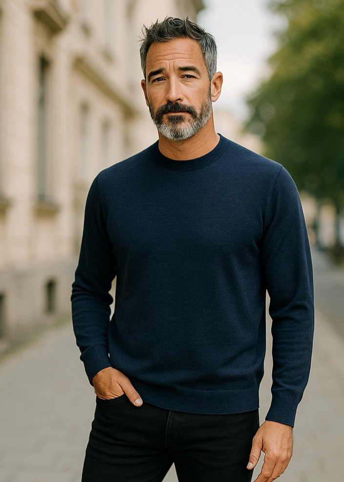 Denim Blue Fine Weight Merino Wool Crew Neck