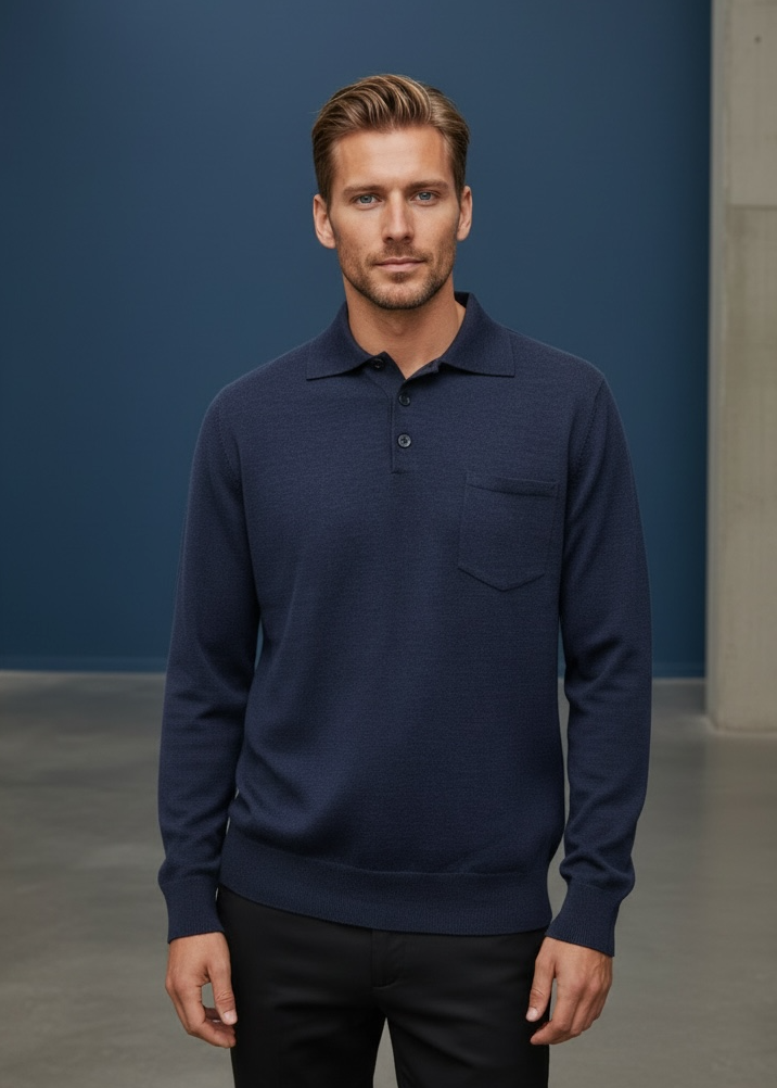 Ansett Denim Blue 3 Button Polo Fine Merino Wool Jumper