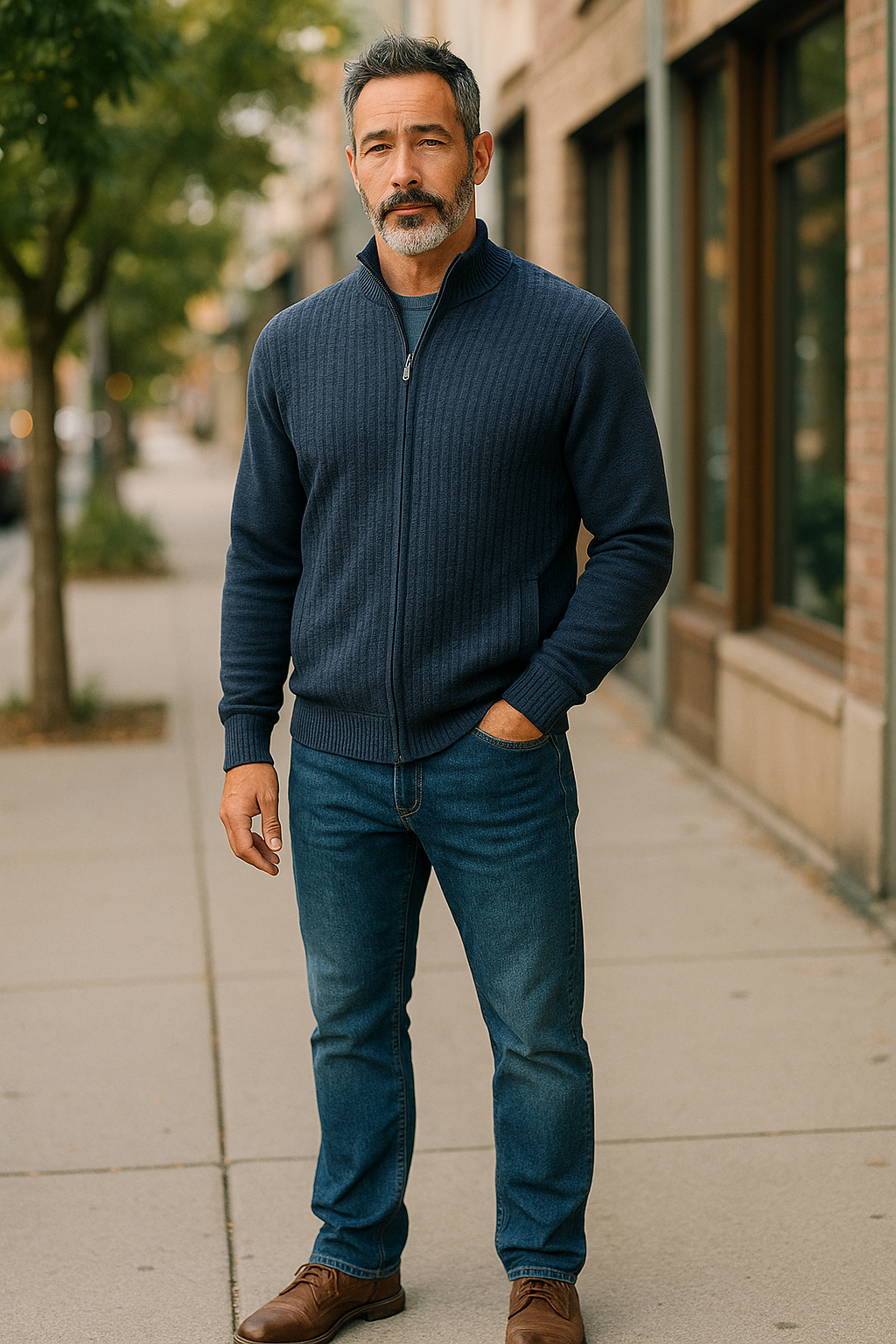 Fine Merino Wool Textured Zip Cardigan - Denim Blue