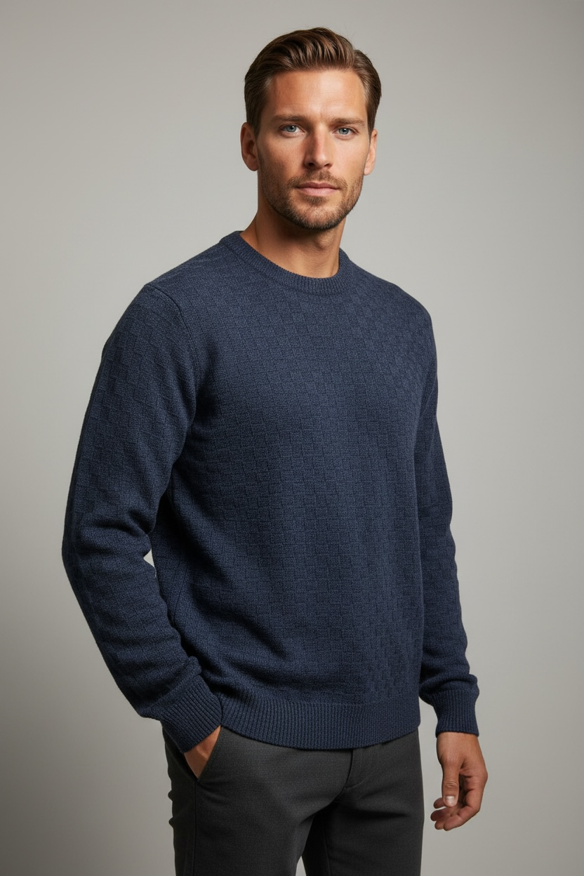 Pure Wool Ansett Self Patterned Crew Neck Jumper Denim