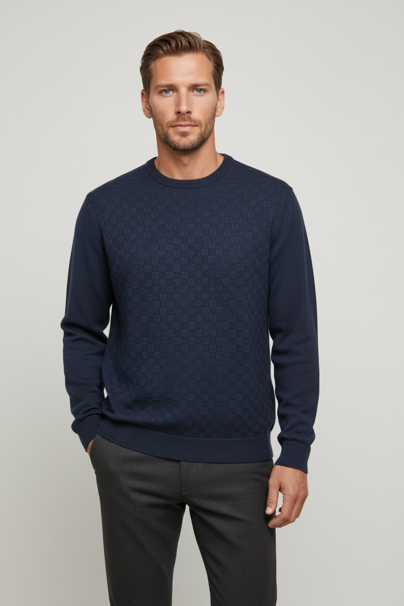 Pure Wool Ansett Self Patterned Crew Neck Jumper Denim