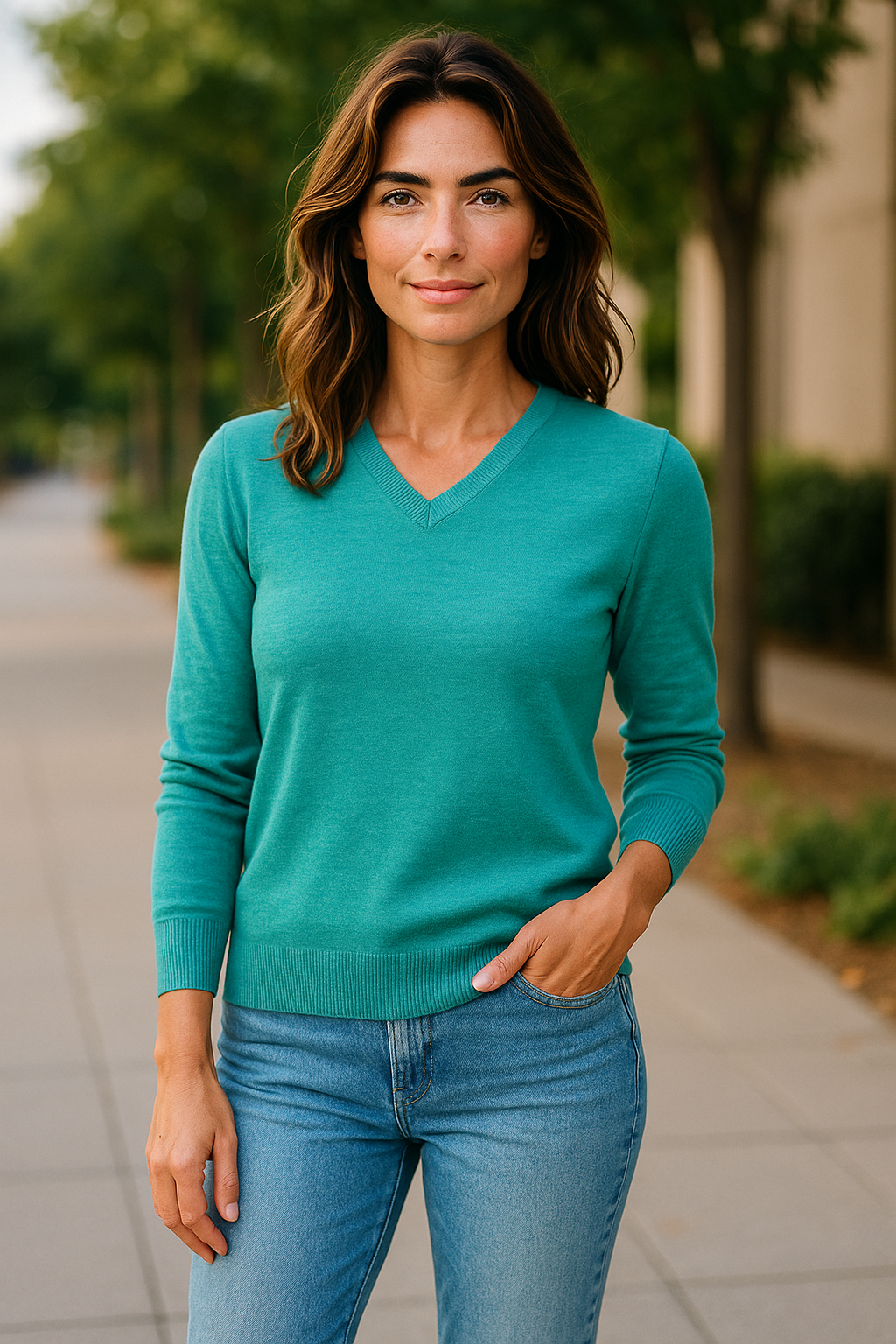 Fine Weight Merino Wool V Neck Jumper - Mineral Green