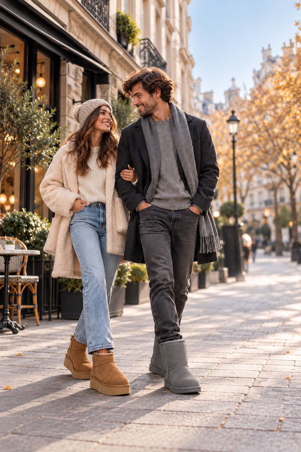 Couple wearing winter UGG boots on a city street