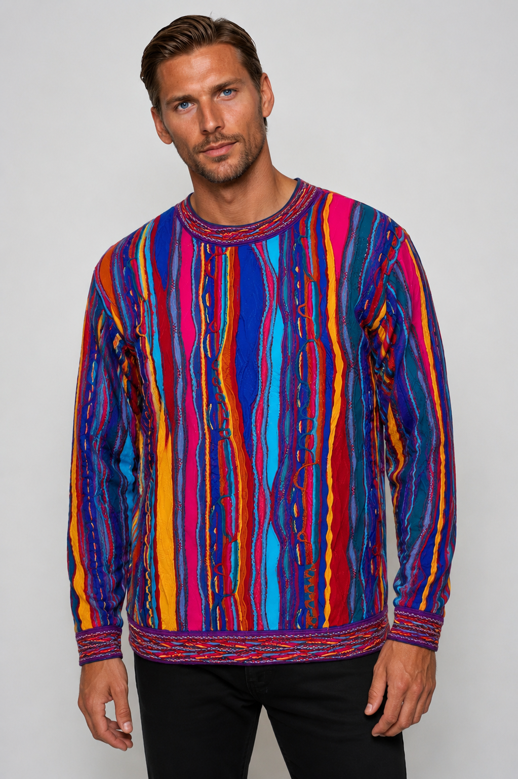 Men’s Colourful Merino Wool Knit Sweater Warm Winter Jumper – Geccu Ocean Bright