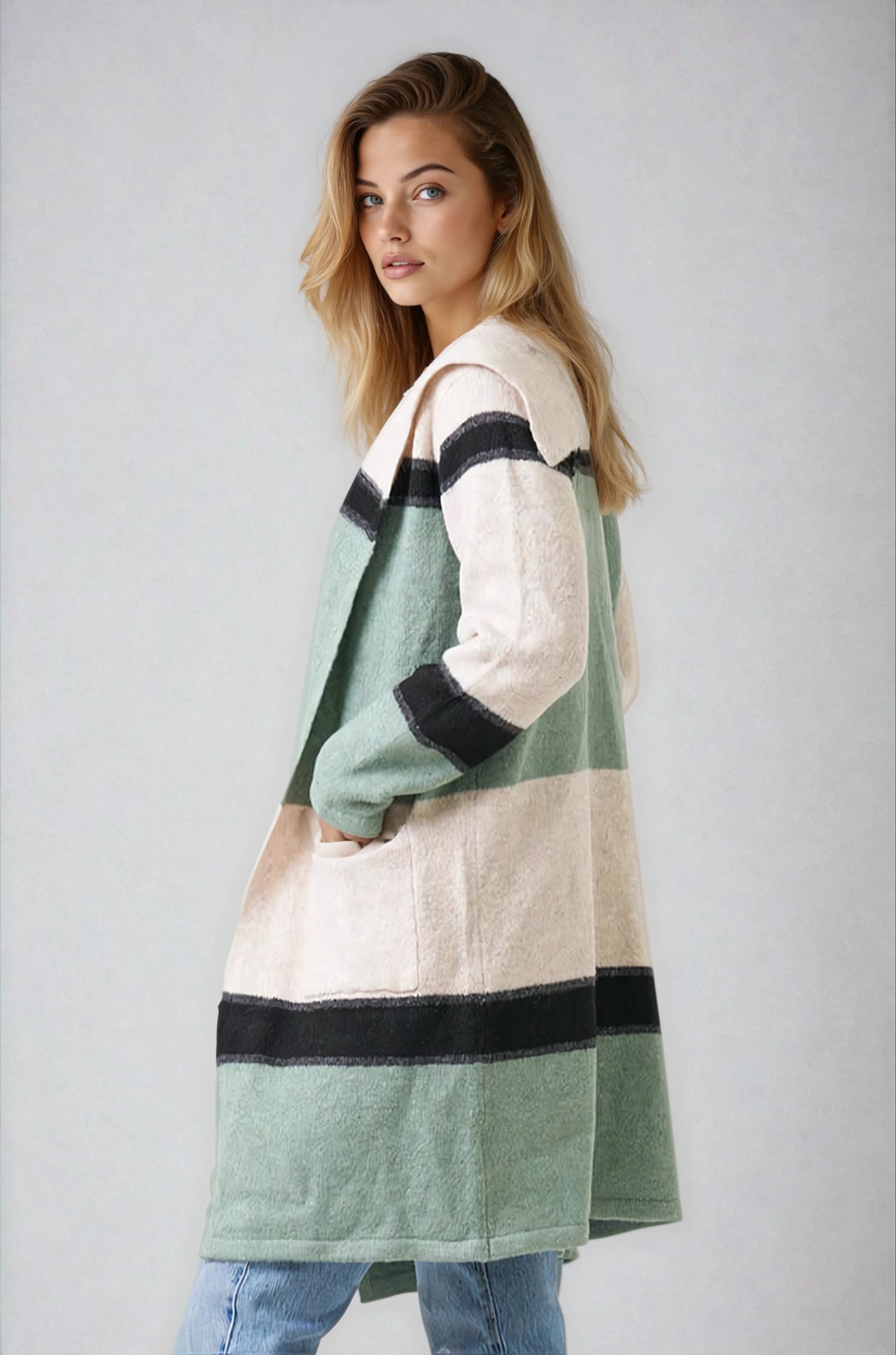 Mint Green With Stripes Oversized Coat