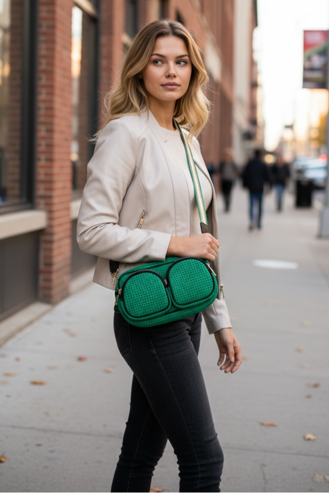 Green and Gold Neoprene Crossbody Bag - Twin Pocket