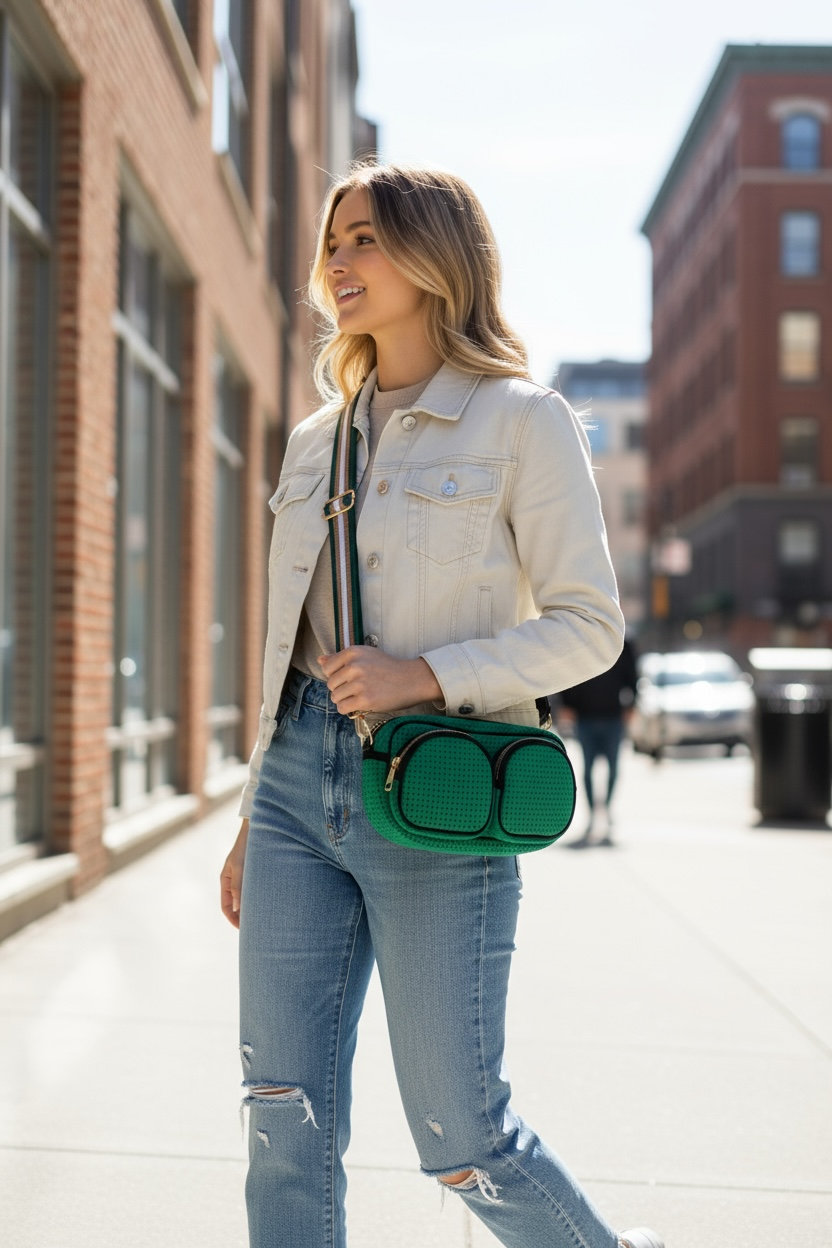 Green and Gold Neoprene Crossbody Bag - Twin Pocket