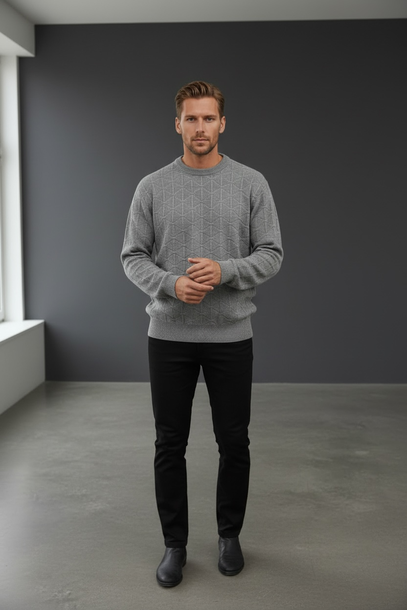 Men's Cashmere Merino Wool Textured Crew Neck Jumper - Grey