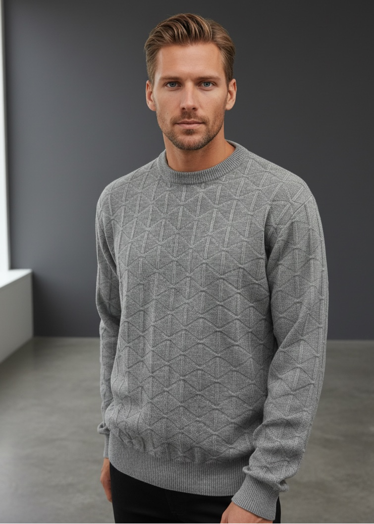 Men's Cashmere Merino Wool Textured Crew Neck Jumper - Grey