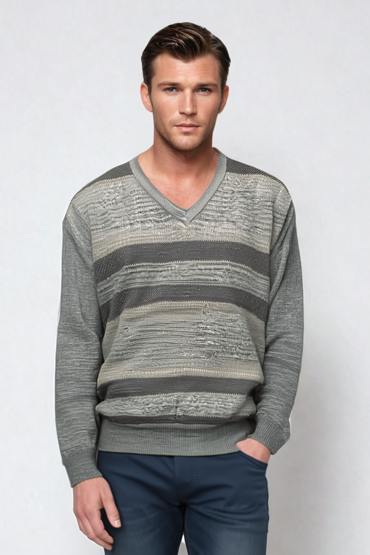 Ansett Grey Patterned Merino Wool V Neck Jumper