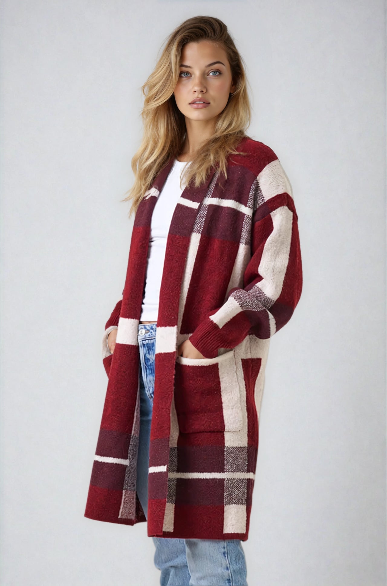 Maroon Check Oversized Coat