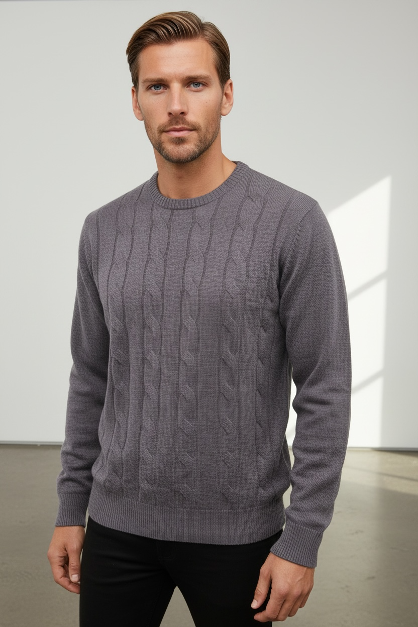 Ansett Mauve Cashmere Merino Wool Cable Knit Crew Neck Jumper