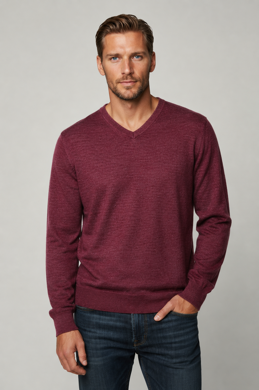 Grape Fine Weight Merino Wool V Neck Jumper