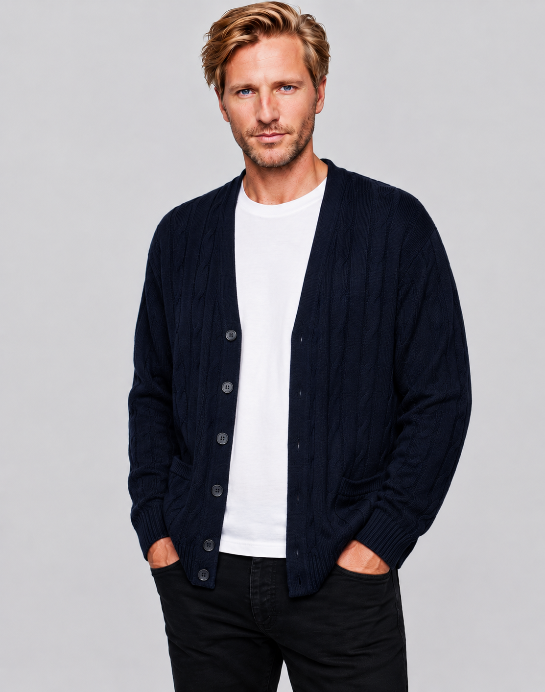 Ansett Navy Blue Cable Knit Wool Cardigan
