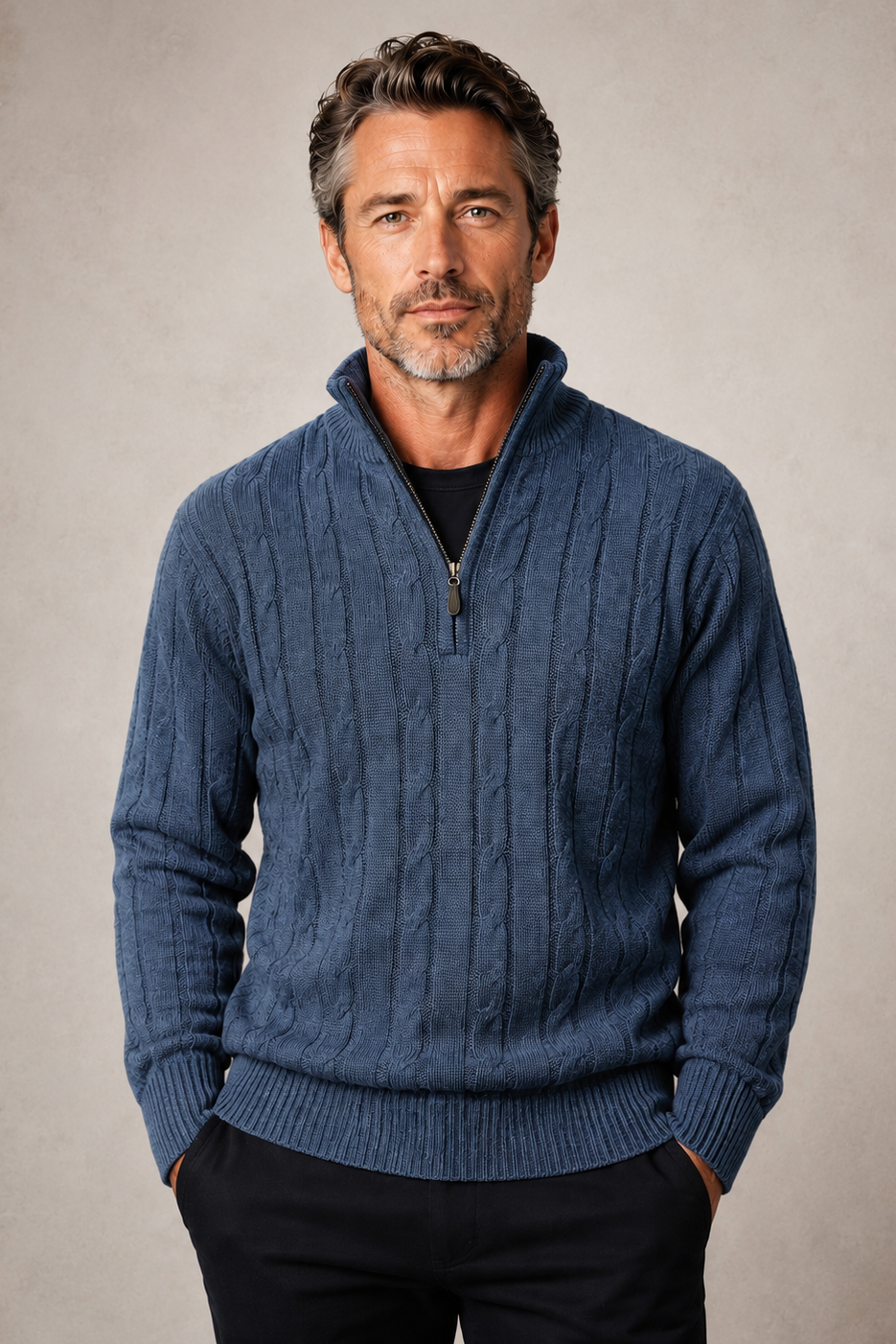 Ansett Slate Blue Half Zip Cable Wool Jumper