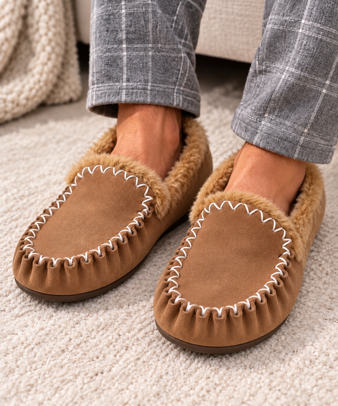 A person wearing tan suede moccasin-style slippers with fluffy brown lining and white decorative stitching, shown with gray plaid pants on a light carpet.