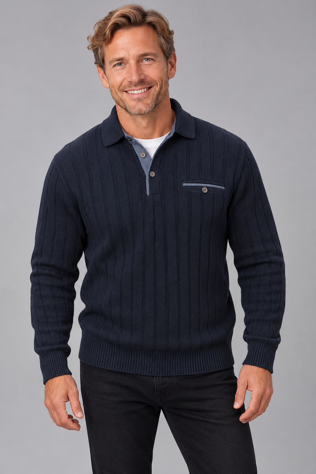 A smiling man wearing a dark navy ribbed knit polo sweater over a light blue collared shirt and black pants, standing against a solid gray studio background.