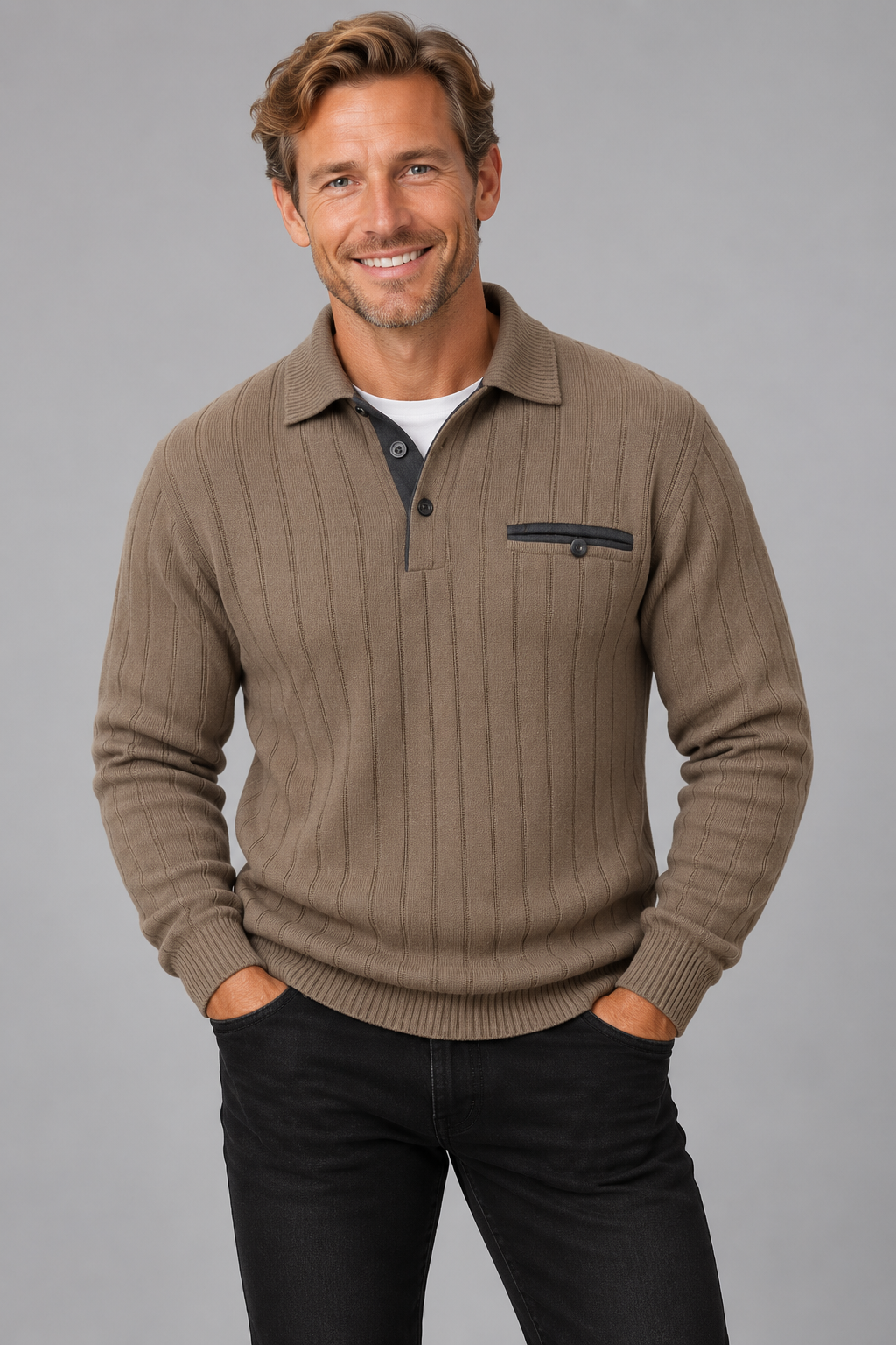 A smiling man wearing a ribbed knit polo sweater in taupe-brown with a dark chest pocket detail, paired with black pants, against a solid gray studio background.
