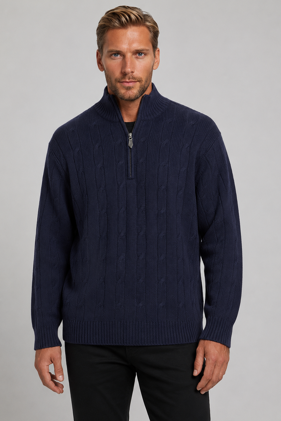 Ansett Navy Blue Half Zip Cable Wool Jumper