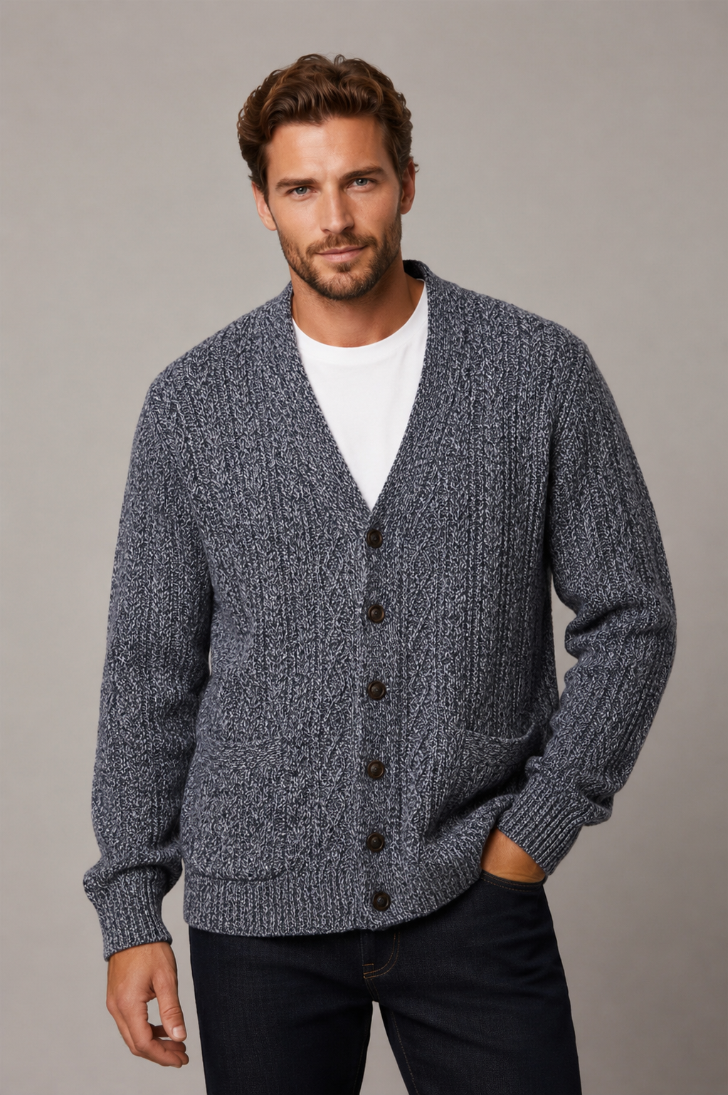 Ansett Blue Marle V Neck 100% Merino Wool Cardigan