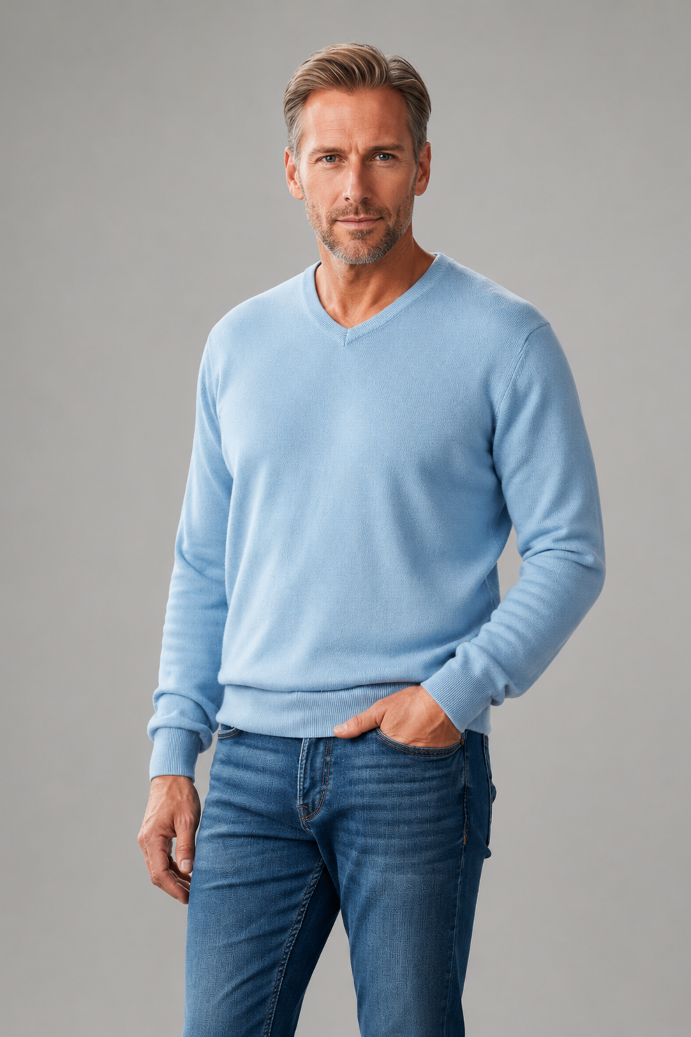 Ansett Horizon Blue Fine Weight Merino Wool V Neck Jumper