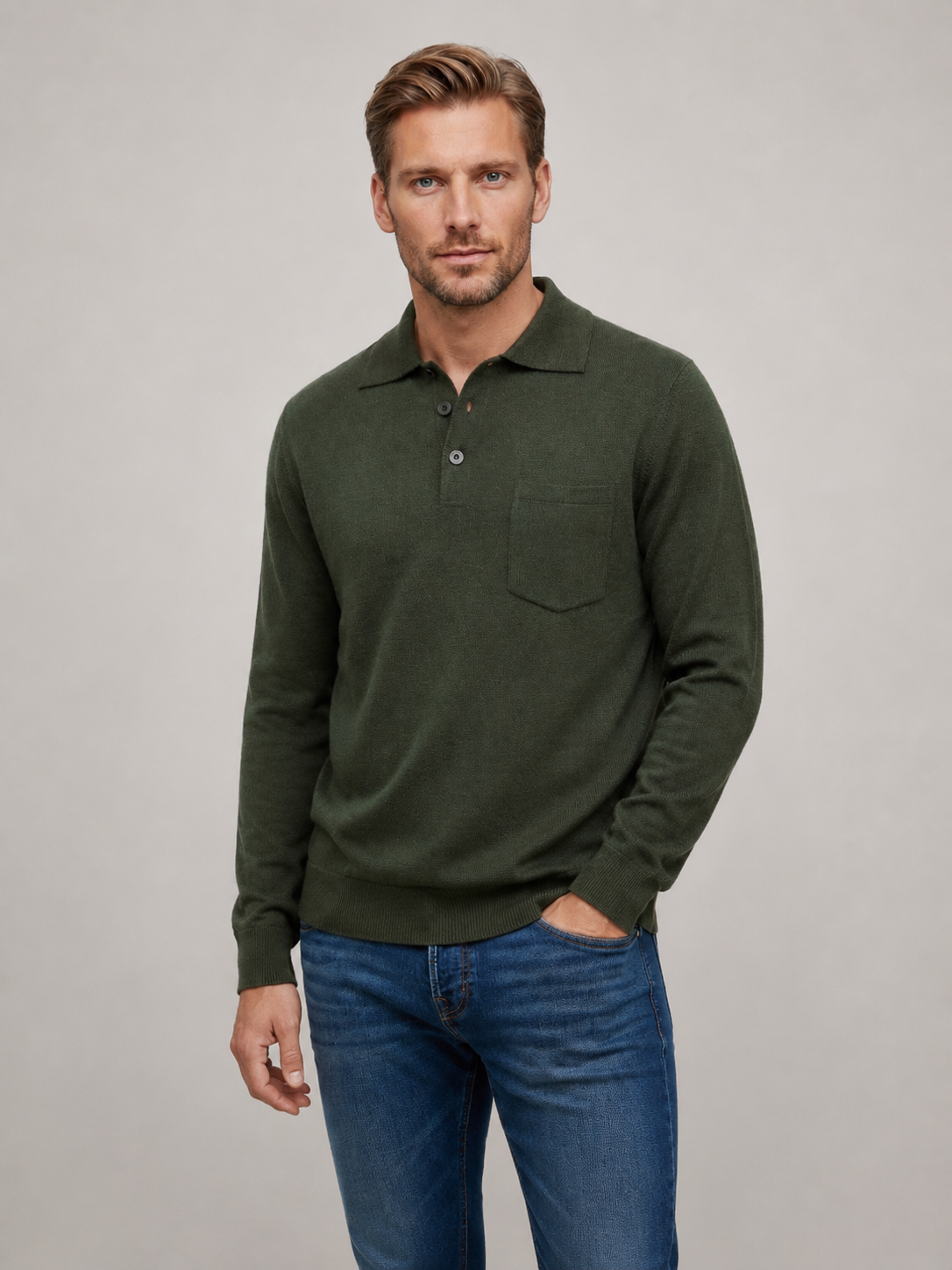 Ansett Olive Green 3 Button Polo Fine Merino Wool Jumper
