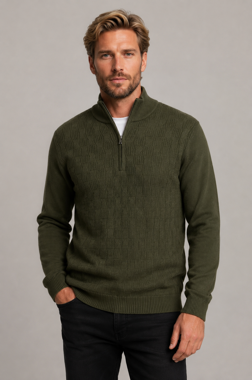 Ansett Olive Green Half Zip Cable Wool Jumper