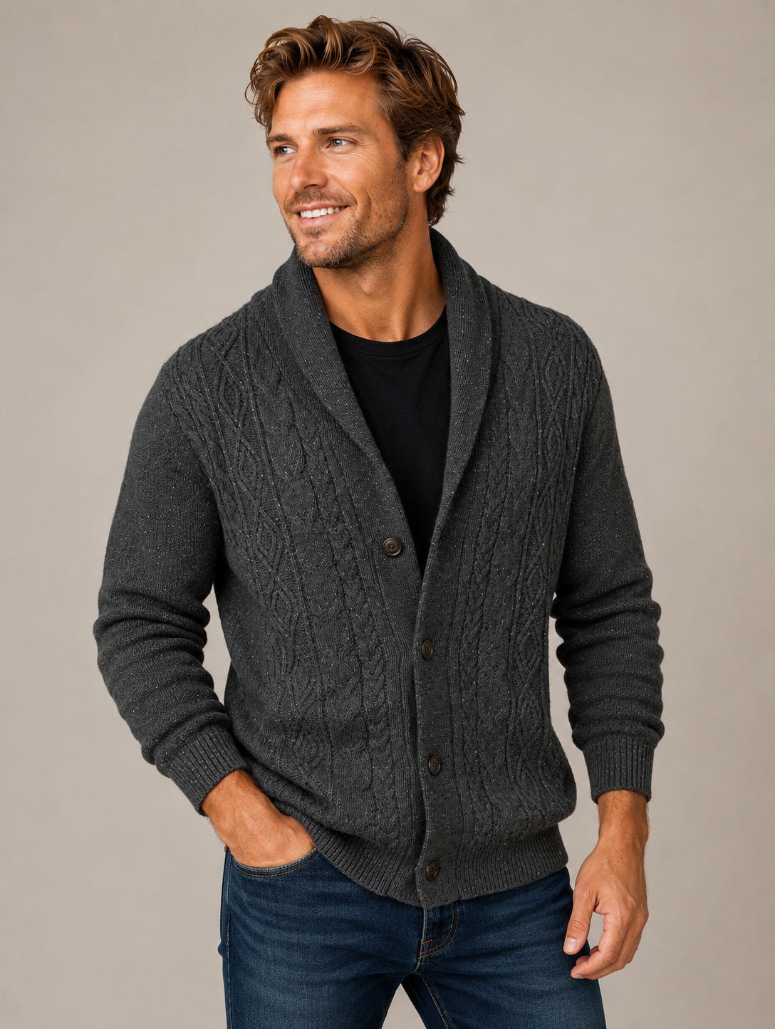Ansett Men's Shawl Neck Cardigan 100% Wool - Shale
