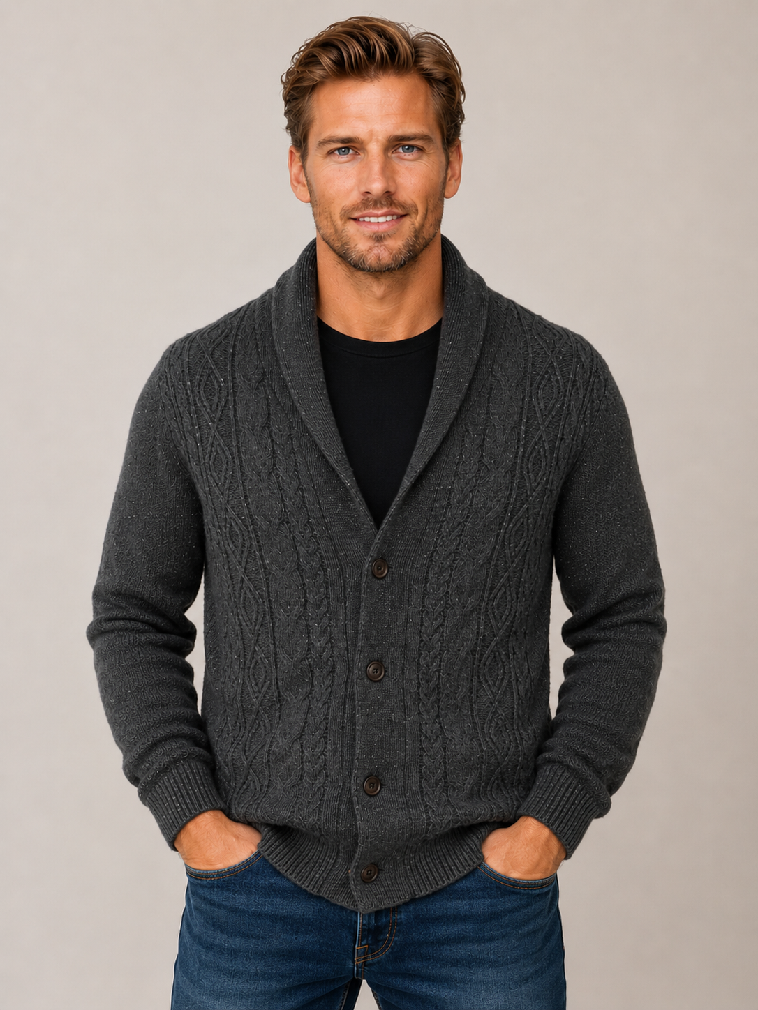 Ansett Men's Shawl Neck Cardigan 100% Wool - Shale