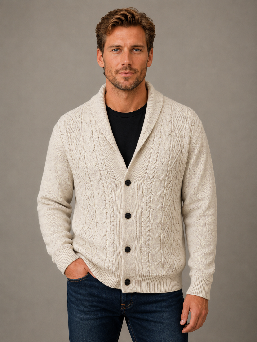 Ansett Men's Shawl Neck Cardigan 100% Wool - Snow