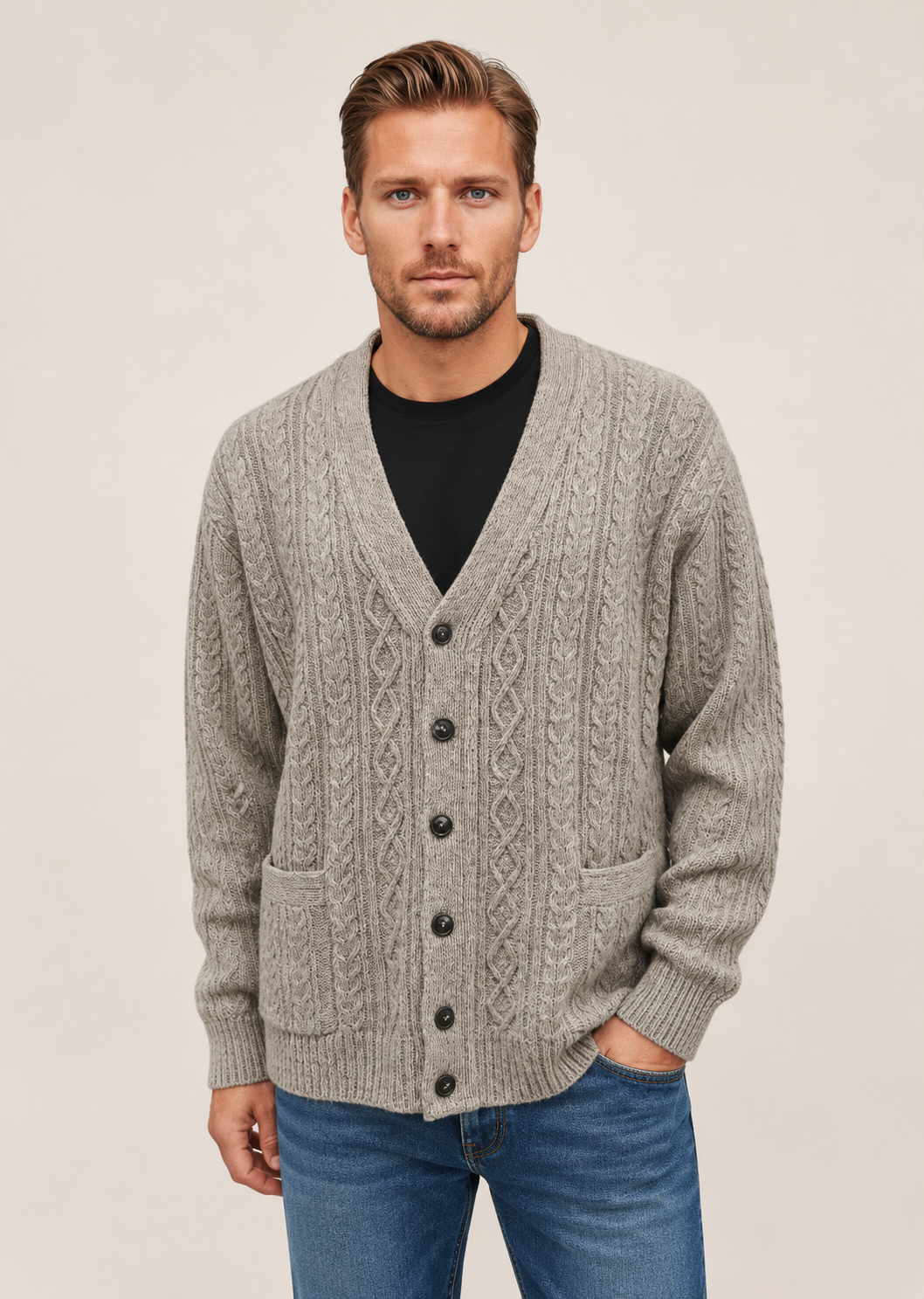 Ansett V Neck Cardigan 100% Merino Wool - Oatmeal