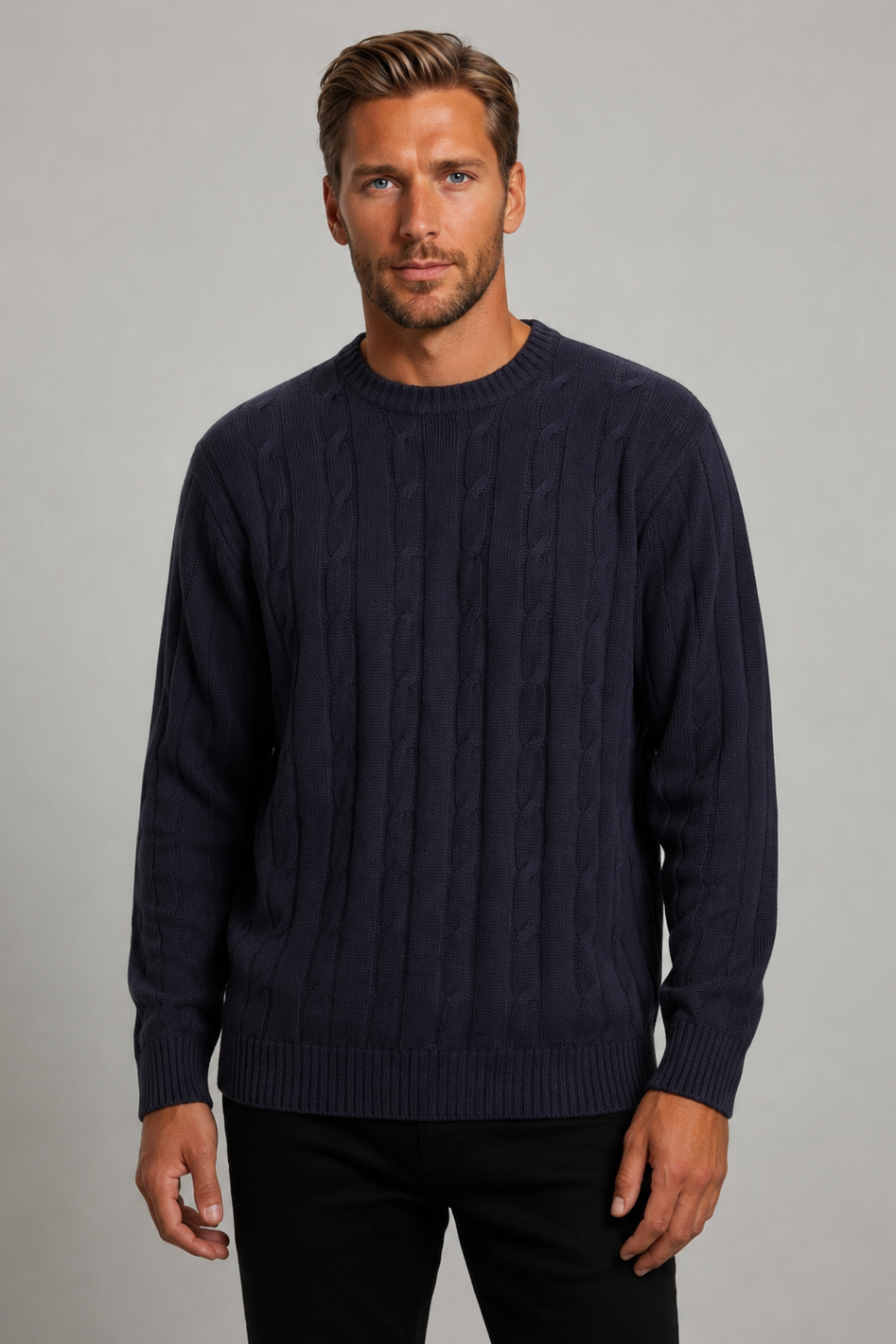 Ansett Navy Blue Cable Crew Neck Wool Jumper