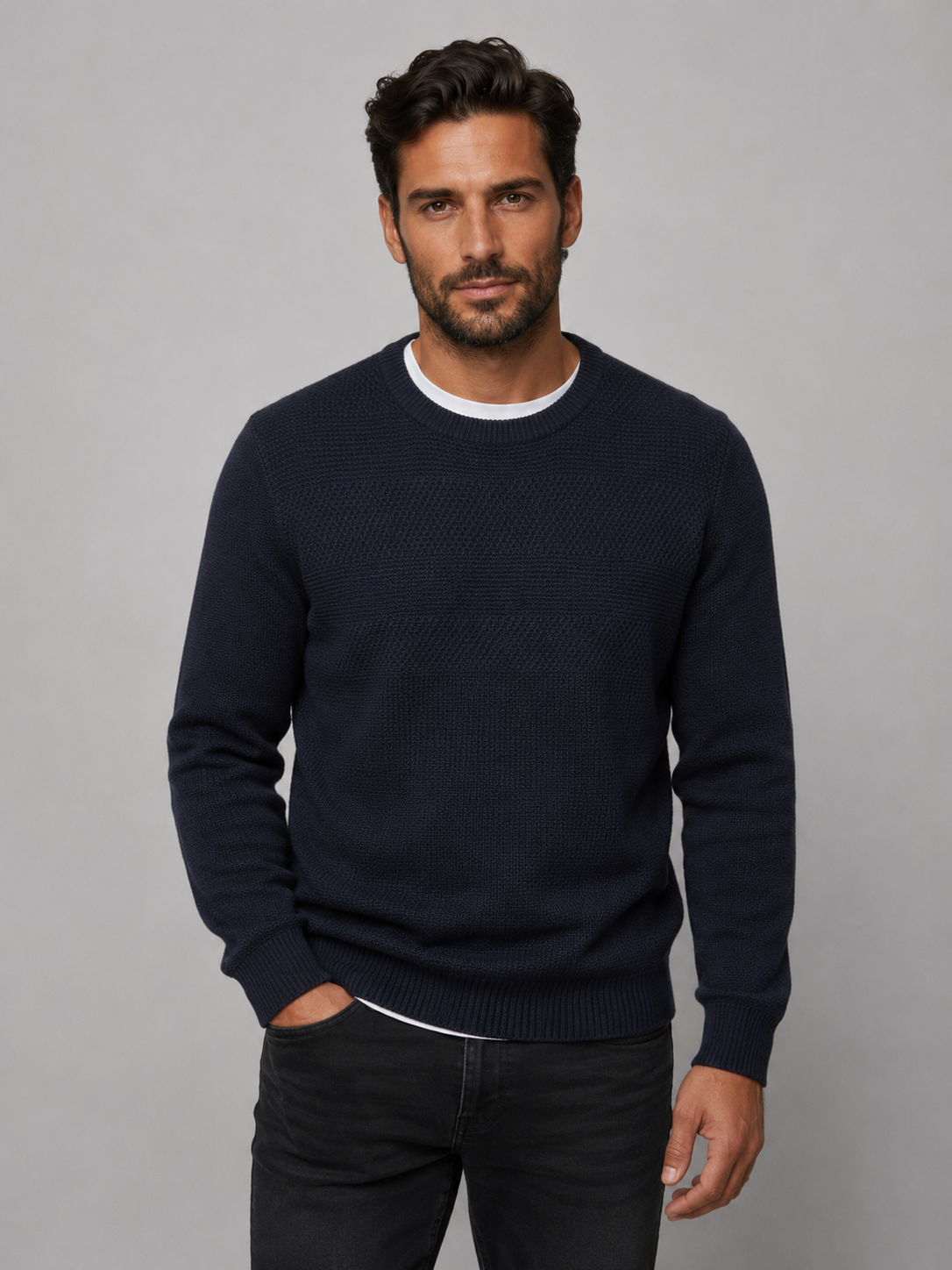 Pure Wool Ansett Patterned Crew Neck Jumper 8802 Navy Blue
