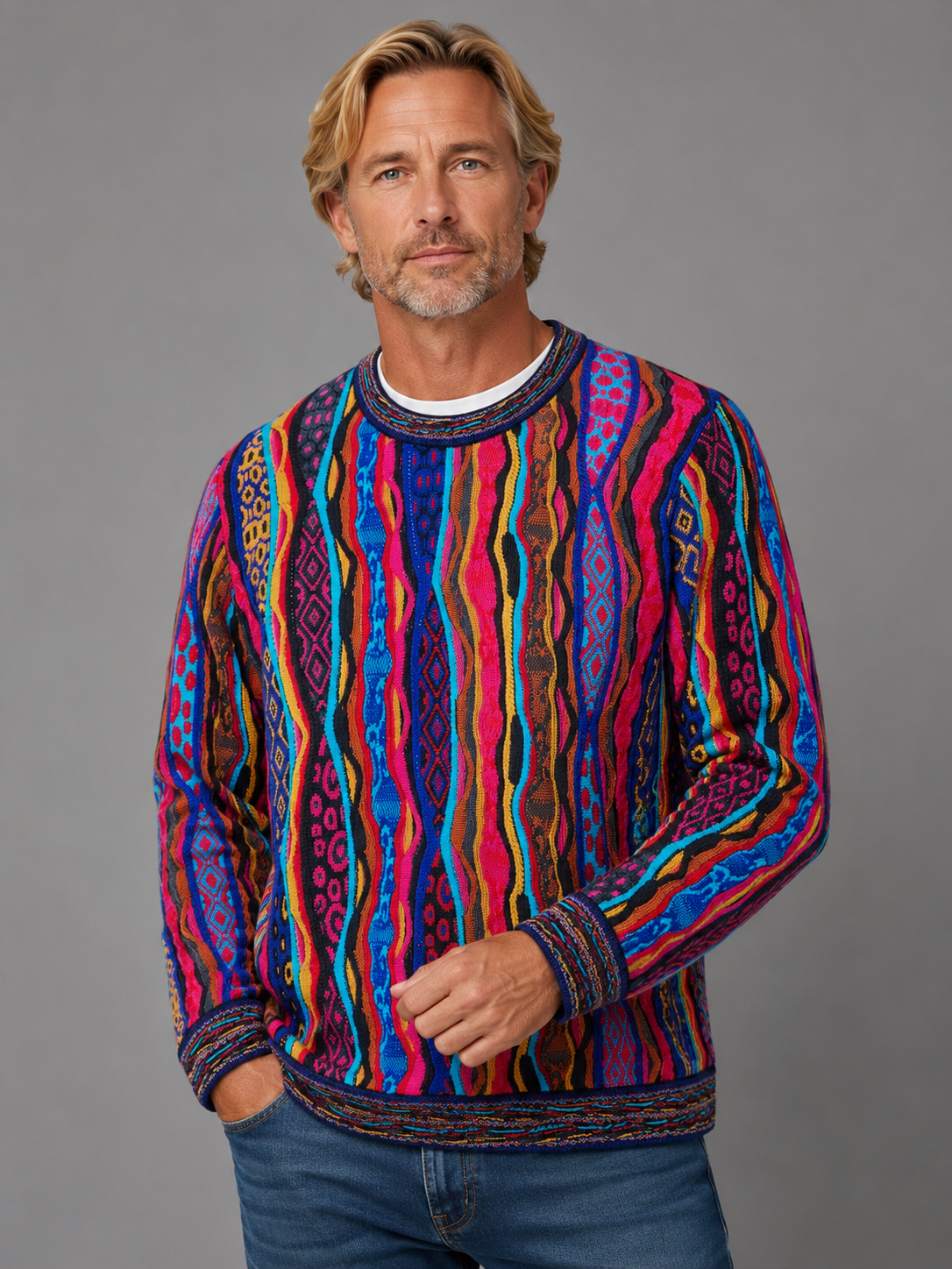 Men’s Colourful Merino Wool Knit Sweater Warm Winter Jumper – Geccu Force Bright