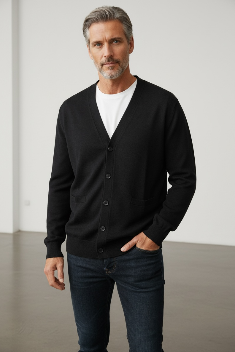 Ansett Men's Merino Wool Fine Weight Cardigan - Black