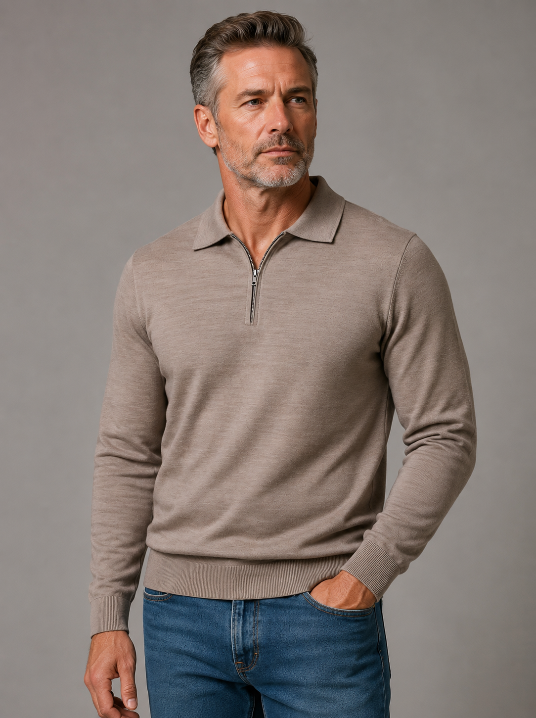 Ansett Mouse Brown Half Zip Fine Merino Wool Jumper